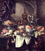 Abraham van Beijeren Still life with fruit, roast, silver- and glassware, porcelain and columbine cup on a dark tablecloth with white serviette. Spain oil painting artist